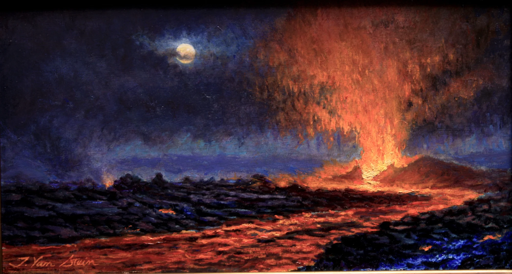 Moon Over Lava Flow, Kilauea, August 25, 2018, 10x18, oil on board