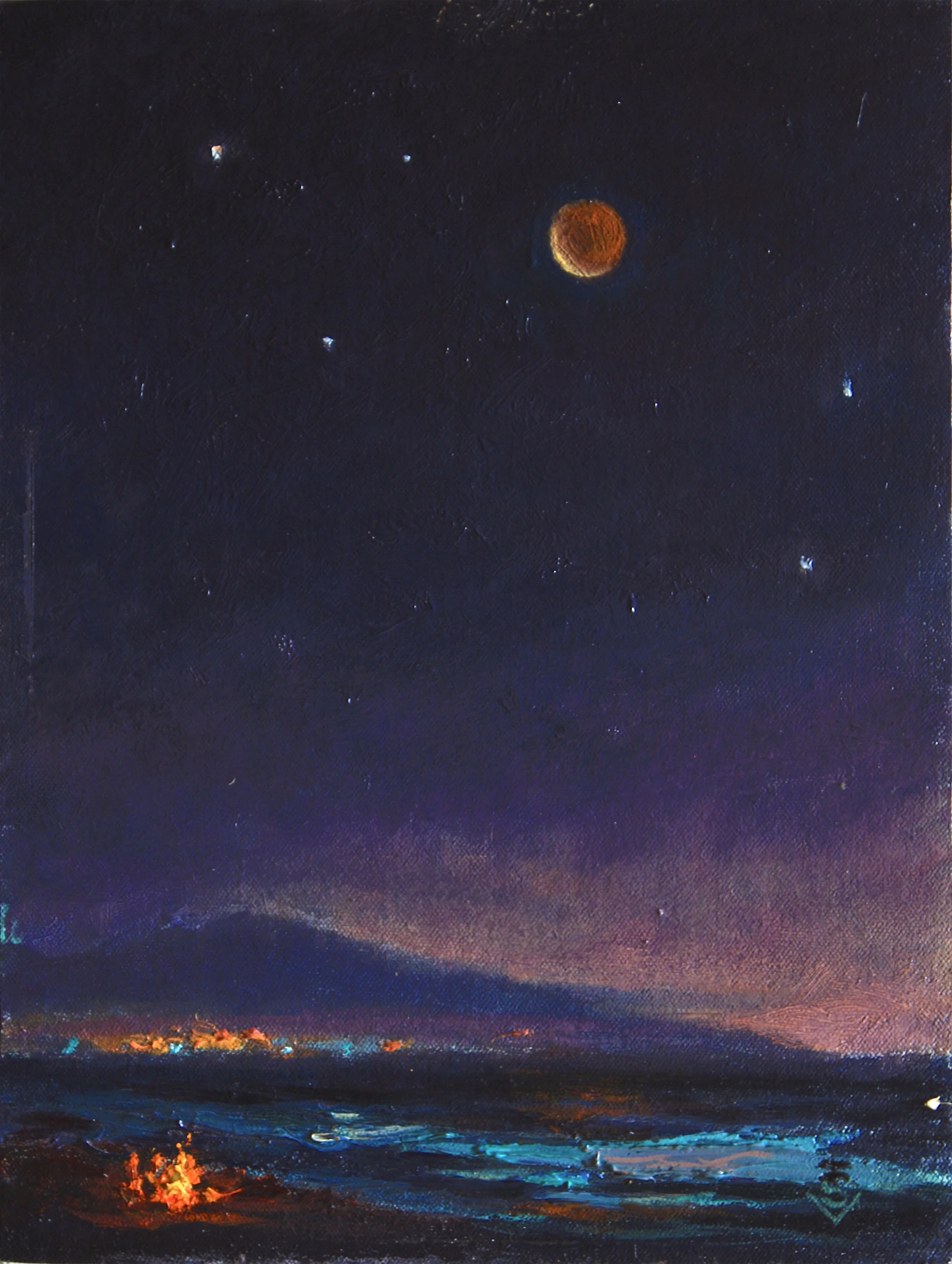 Lunar Eclipse Beach Party, 12x9, oil on board , Jan 20, 2019