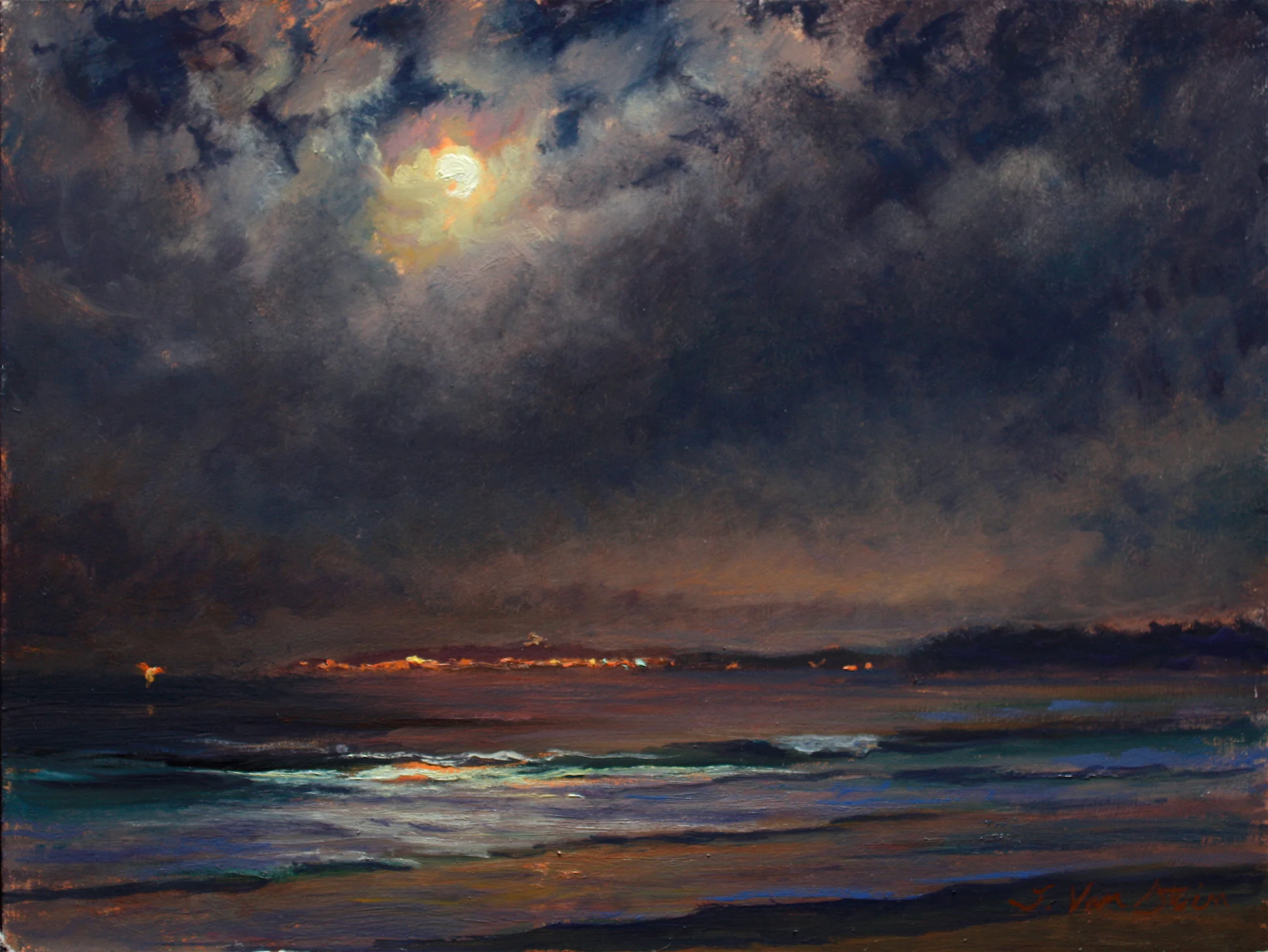 Full Worm Moon, Incoming Fog, 12 x 16, oil on board, 2019