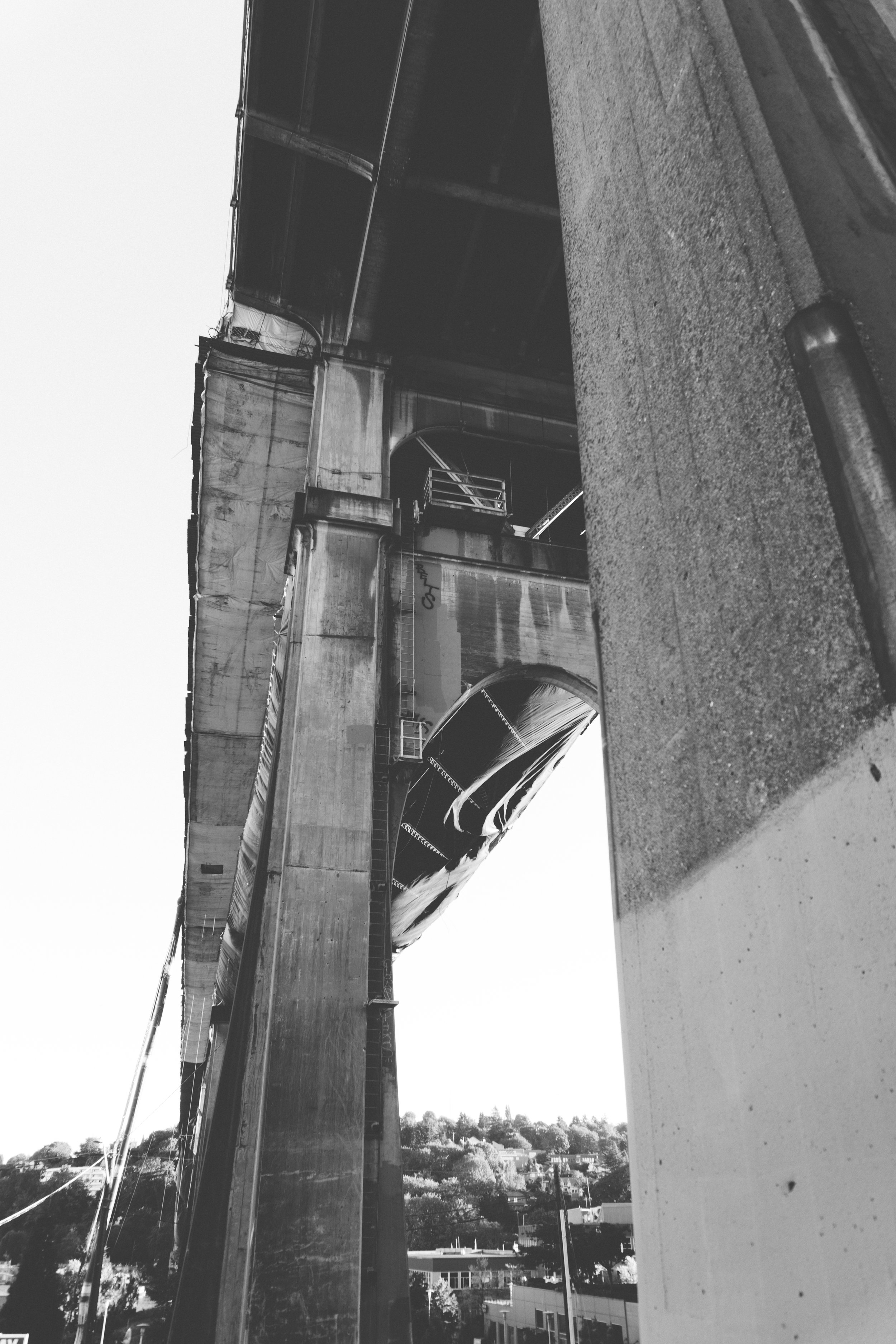 under the fremont bridge - b+w