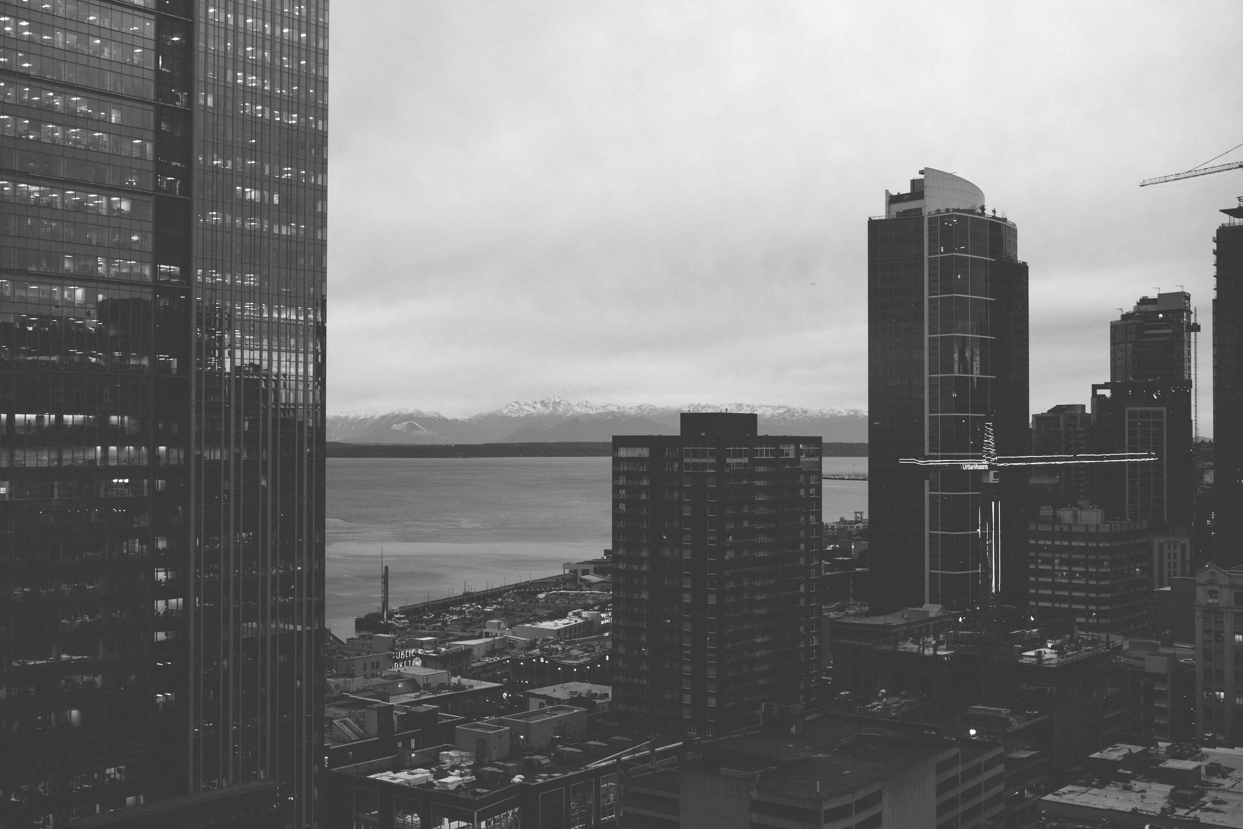 downtown seatte from up on a roof - b+w