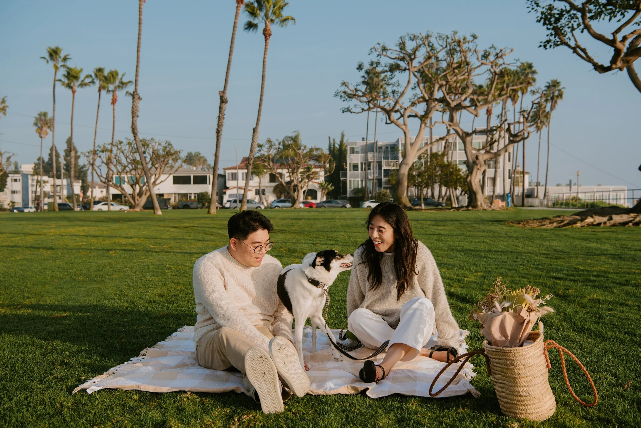 Couple sitting on a blanket in the park with their dog