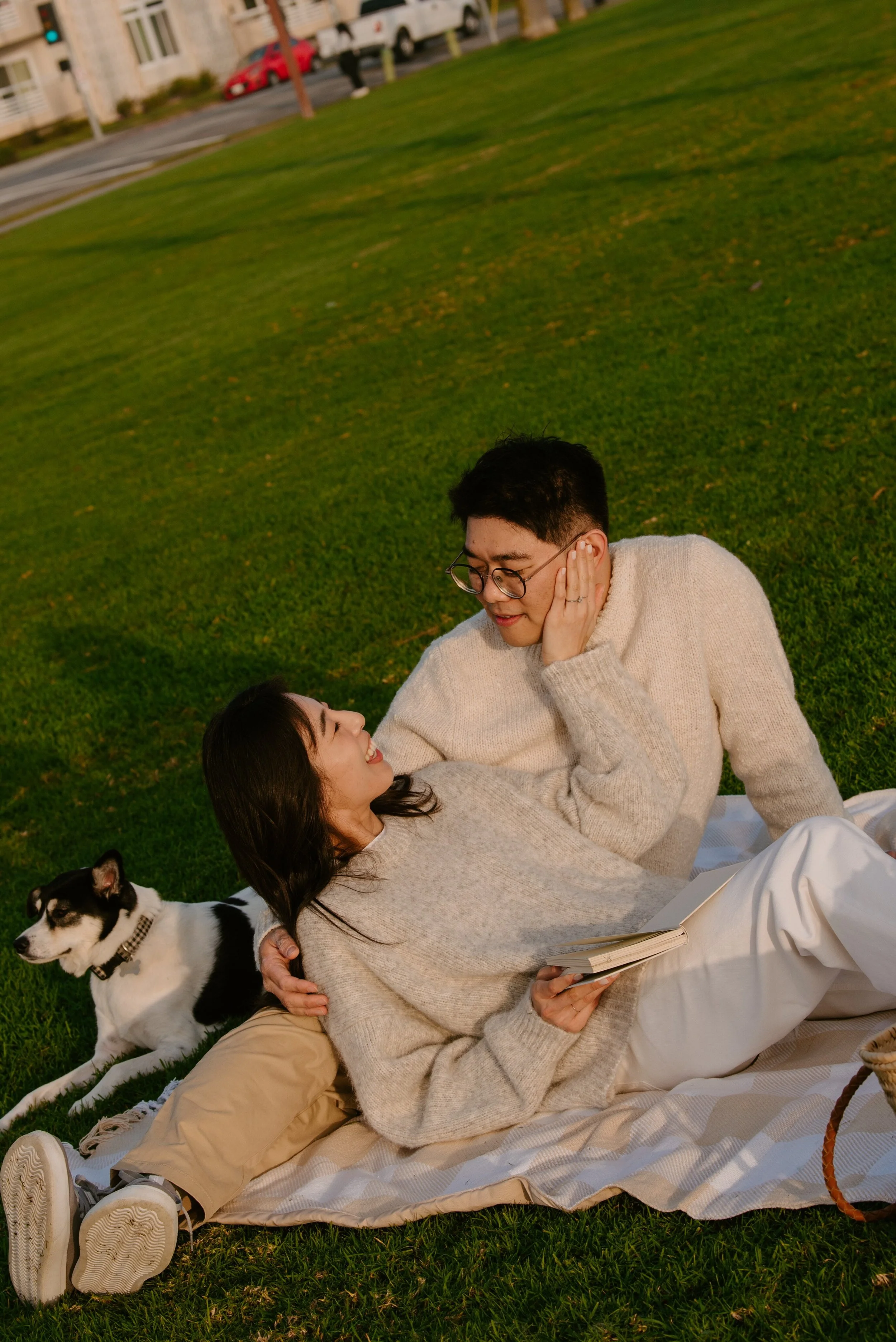 Couple lounging on a blanket in the park reading. Girl is reaching her had up to guys face