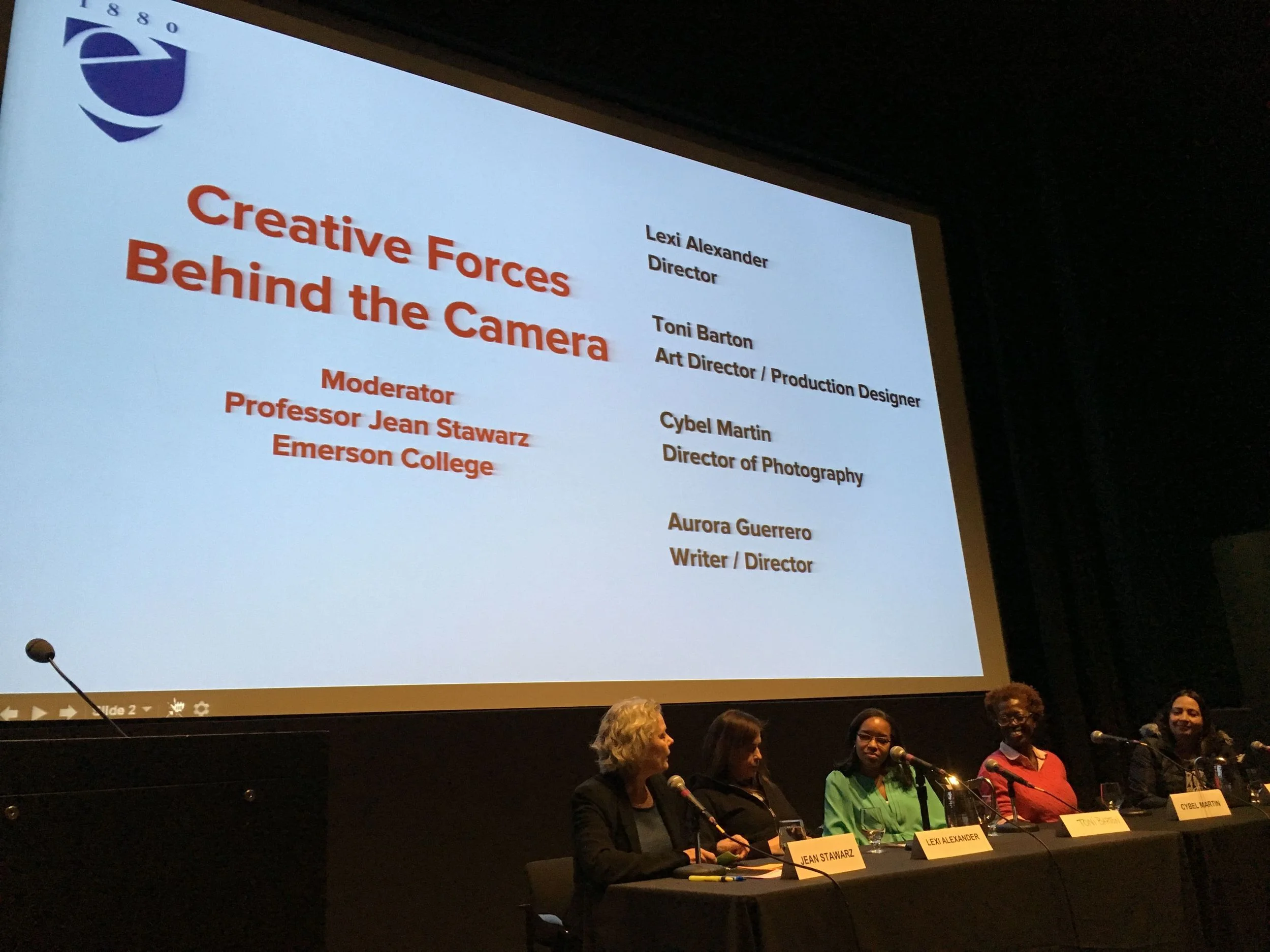 From L to R: Professor and screenwriter Jean Stawarz moderates panel with Lexi Alexander, Toni Barton, Cybel Martin and Aurora Guerrero.