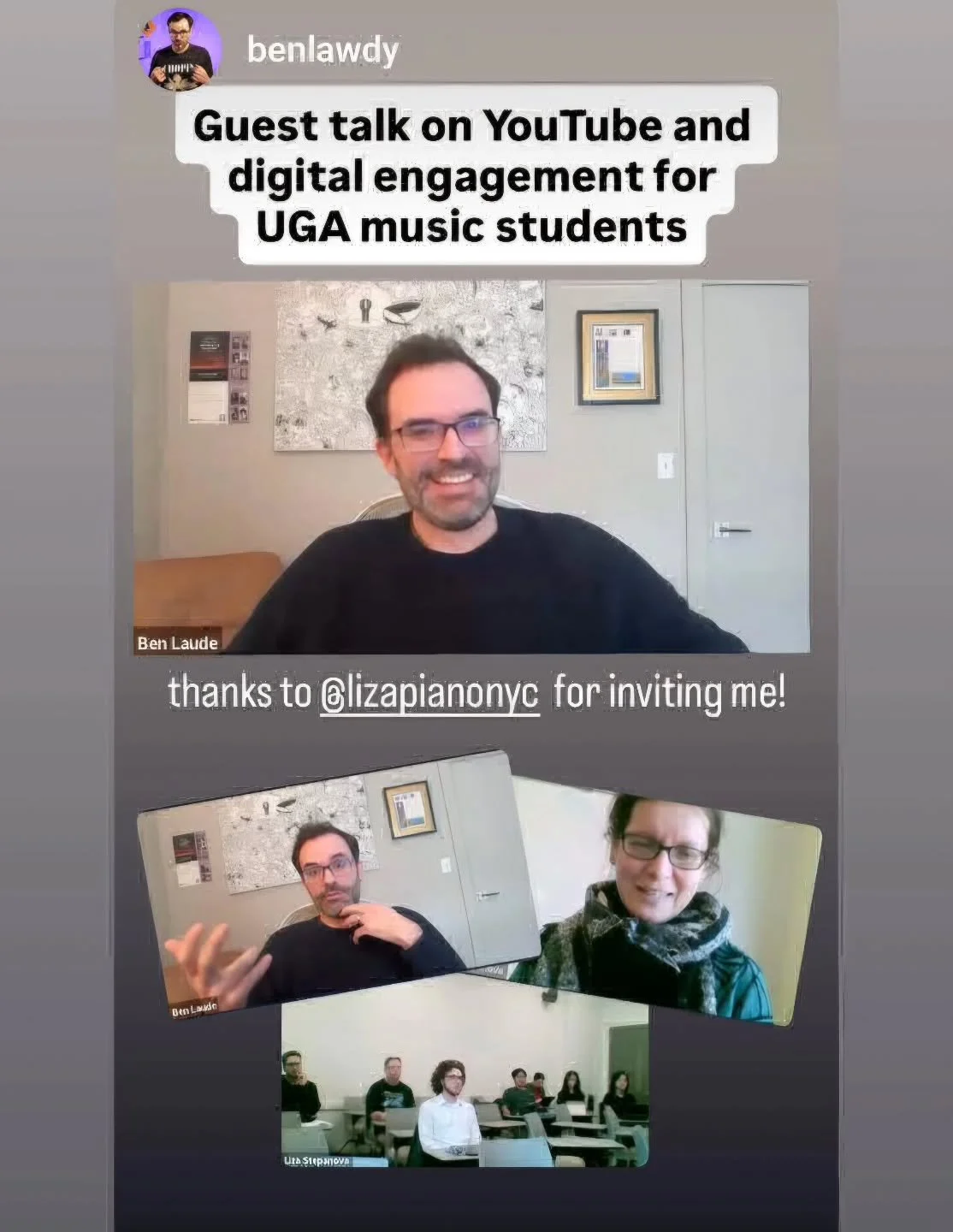 Loved having @benlawdy speak to my Community Engagement class students at @ugamusic ! Ben integrates so many worlds and skills in his work, lots to learn and emulate. Thanks to Ben for his time and expertise and can't wait to debrief with the student