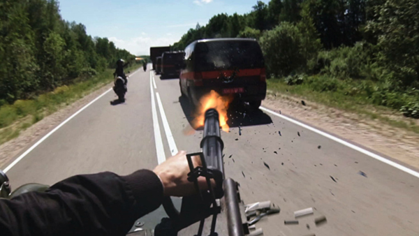 A motorcycle with a minigun-mounted sidecar, because reasons.