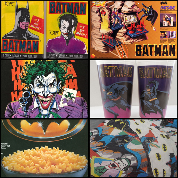 From top left to bottom right: Topps Batman trading cards, Toy Biz Batcave playset, Joker t-shirt, Taco Bell promotional cups, Ralston Batman cereal, and Dacron Batman twin sheet set.