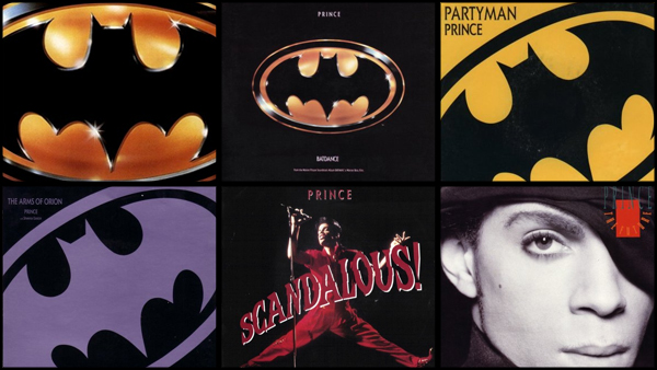 From top left to bottom right: the Batman soundtrack and the separately released singles for Batdance , Partyman , The Arms of Orion , Scandalous! , and The Future .