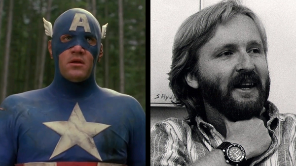 Matt Salinger (left) looks extremely uncomfortable and somewhat constipated as Captain America. James Cameron (right) sets his sights on Spider-Man.