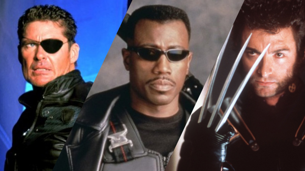 We’ve come a long way, baby! (From left to right) David Hasselhoff stars in the forgettable made-for-TV film Nick Fury: Agent of S.H.I.E.L.D. (1998), Wesley Snipes makes his mark as Blade (1998) the vampire hunter, and Hugh Jackman becomes a global superstar after his first turn as Wolverine in X-Men (2000).