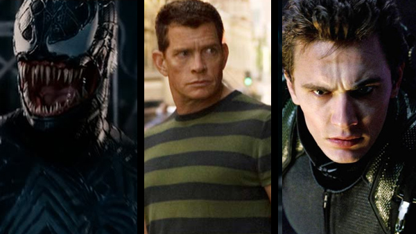 Spider-Man 3 ’s villain problem (from left to right): Topher Grace as Eddie Brock/Venom, Thomas Haden Church as Flint Marko/Sandman, and James Franco as Harry Osborn 