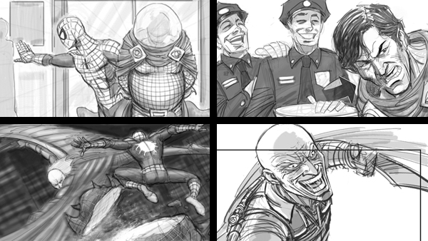 Spider-Man 4 concept art by Jeffrey Henderson. Top panels: Spider-Man turns Mysterio (Campbell) over to the police. Bottom panels: Spidey battles Vulture (Malkovich)!