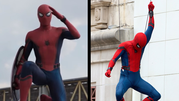 While it was confirmed that the entirety of Spider-Man’s new suit in Captain America: Civil War was created using CGI (left), early set photos from Spider-Man: Homecoming (right) show that an actual practical suit exists for the actor and stunt doubles to wear.
