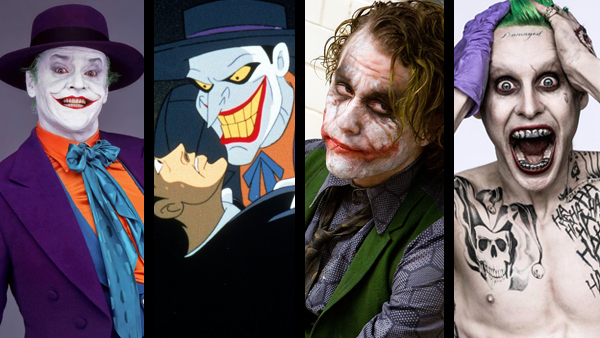 Batman: The Killing Joke has touched every actor who has since dared to walk a mile in the clown’s shoes. Left to right: Jack Nicholson in Batman (1989), Mark Hamill in Batman: Mask of the Phantasm (1993), Heath Ledger in The Dark Knight (2008), and Jared Leto in Suicide Squad (2016).