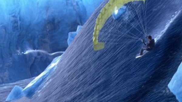 In Die Another Day , James Bond survives a tsunami via a rocket car parachute, door panel and terrible CGI.