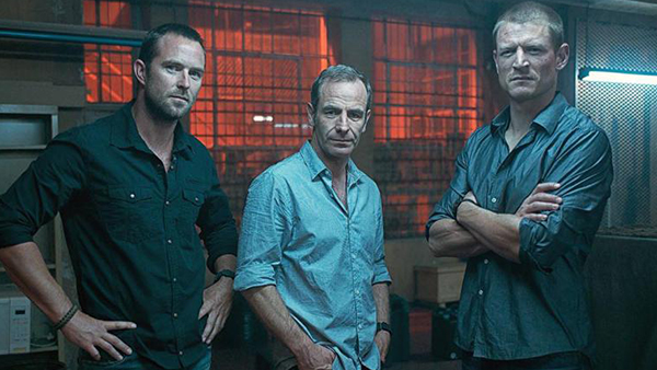 Damien Scott (Sullivan Stapleton, left) and Michael Stonebridge (Phillip Winchester, right) serve as the main characters for all four seasons, with Phillip Locke (Robson Green, center) joining the show for the final two seasons as the commanding officer of Section 20.