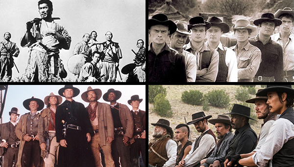 The various incarnations of the titular Seven: Seven Samurai (1954), The Magnificent Seven (1960), The Magnificent Seven (TV 1998-2000), The Magnificent Seven (2016).