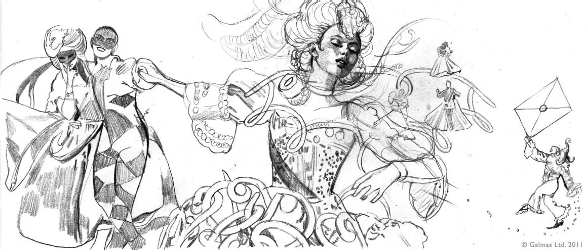 Preliminary illustration for "Les Carnets de Bal". On the left, a harlequin and woman in mask. The harlequin is holding the hand of the girl in the centre, who dances in ecstasy. On the right, a little joker brings a "lettre anonyme". The Mazurka cuff is part of the dress and the Cotillon Necklace is around the dancer's neck.