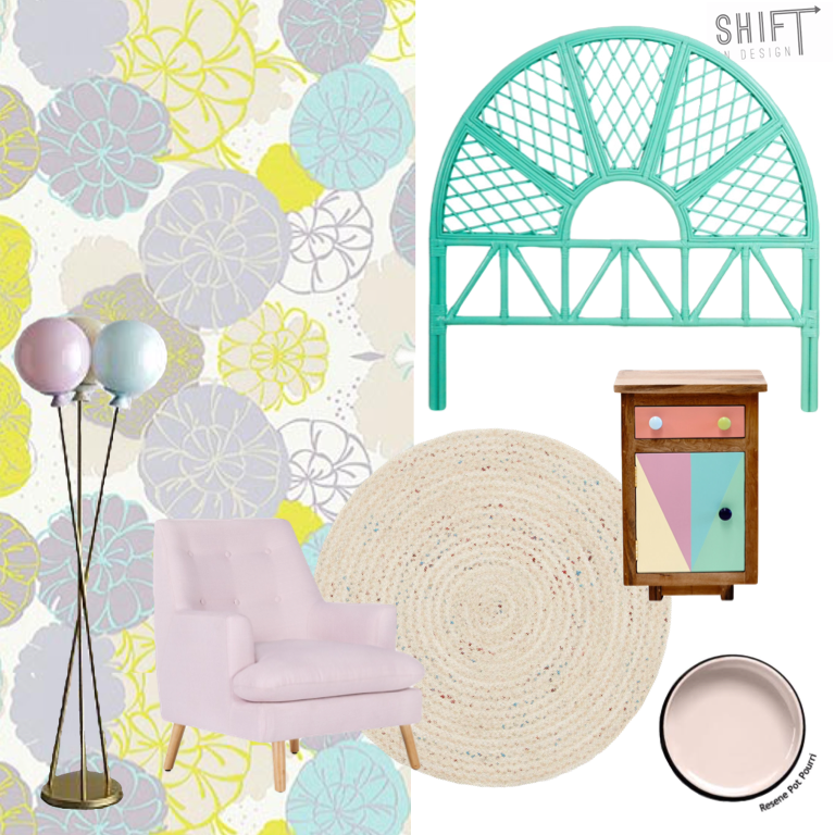 Pastel Girls Bedroom - furniture, rug, lighting, wallpaper, colour selections