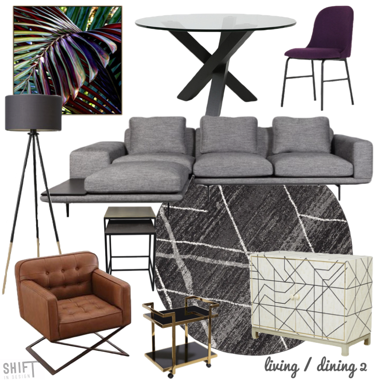 Living and Dining - sofa, armchair, rug. side tables, buffet, lamp, dining table, dining chair, artwork selections