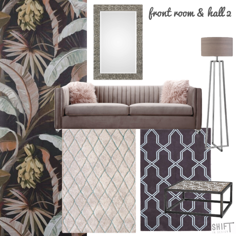 Lounge and Hall - furniture, rug, mirror, lighting, wallpaper selections