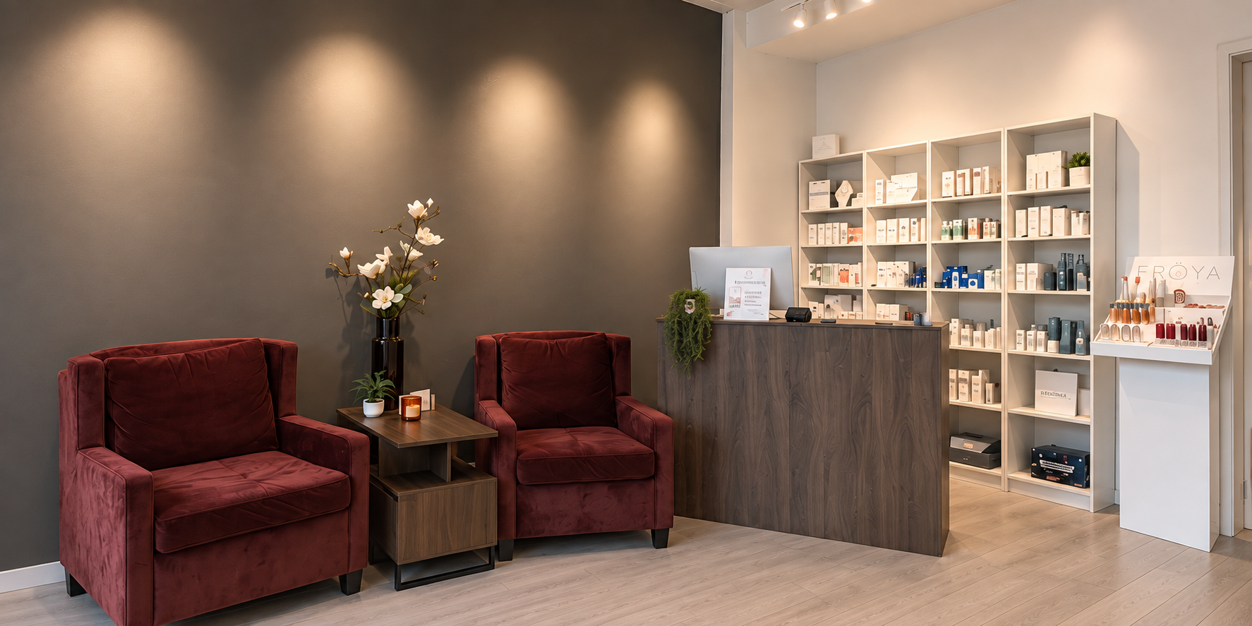 Resepsjon og venteområde hos Clinique Emilieanne hudklinikk i Ski