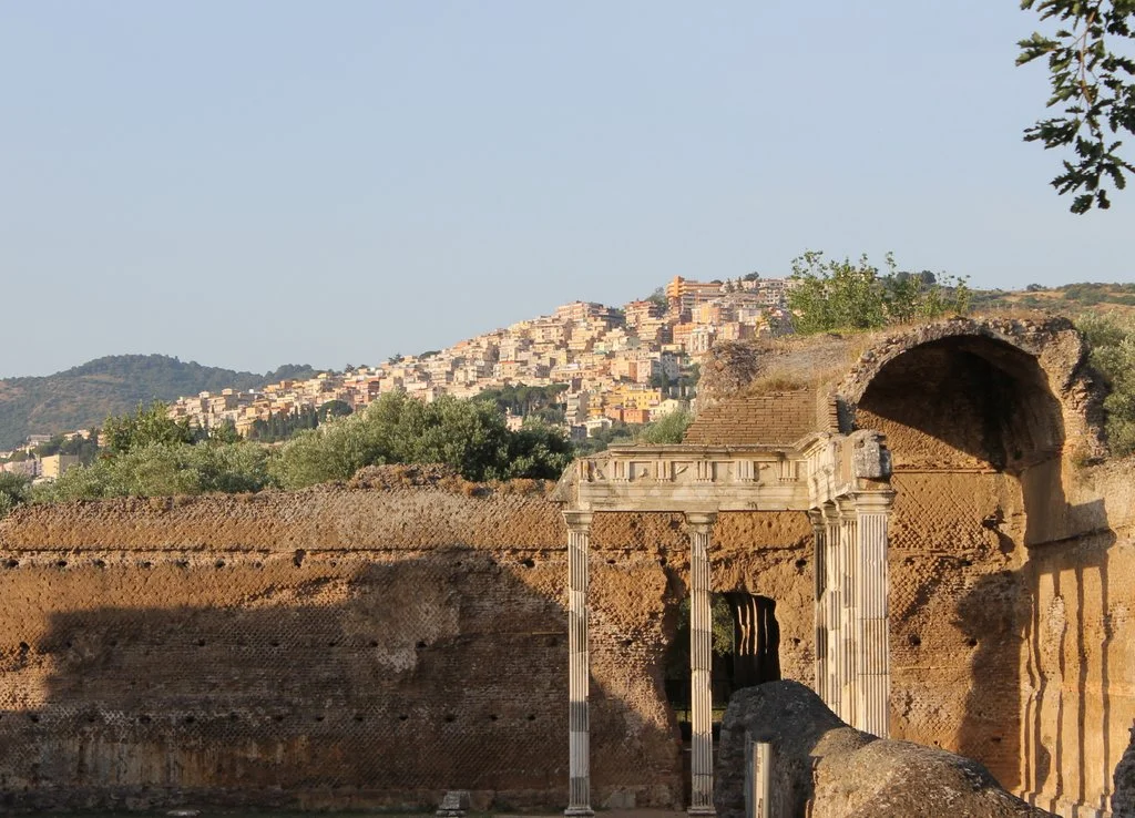 Villa Adriana, Hall of Doric Pilasters with town of Tivoli in background (2016).