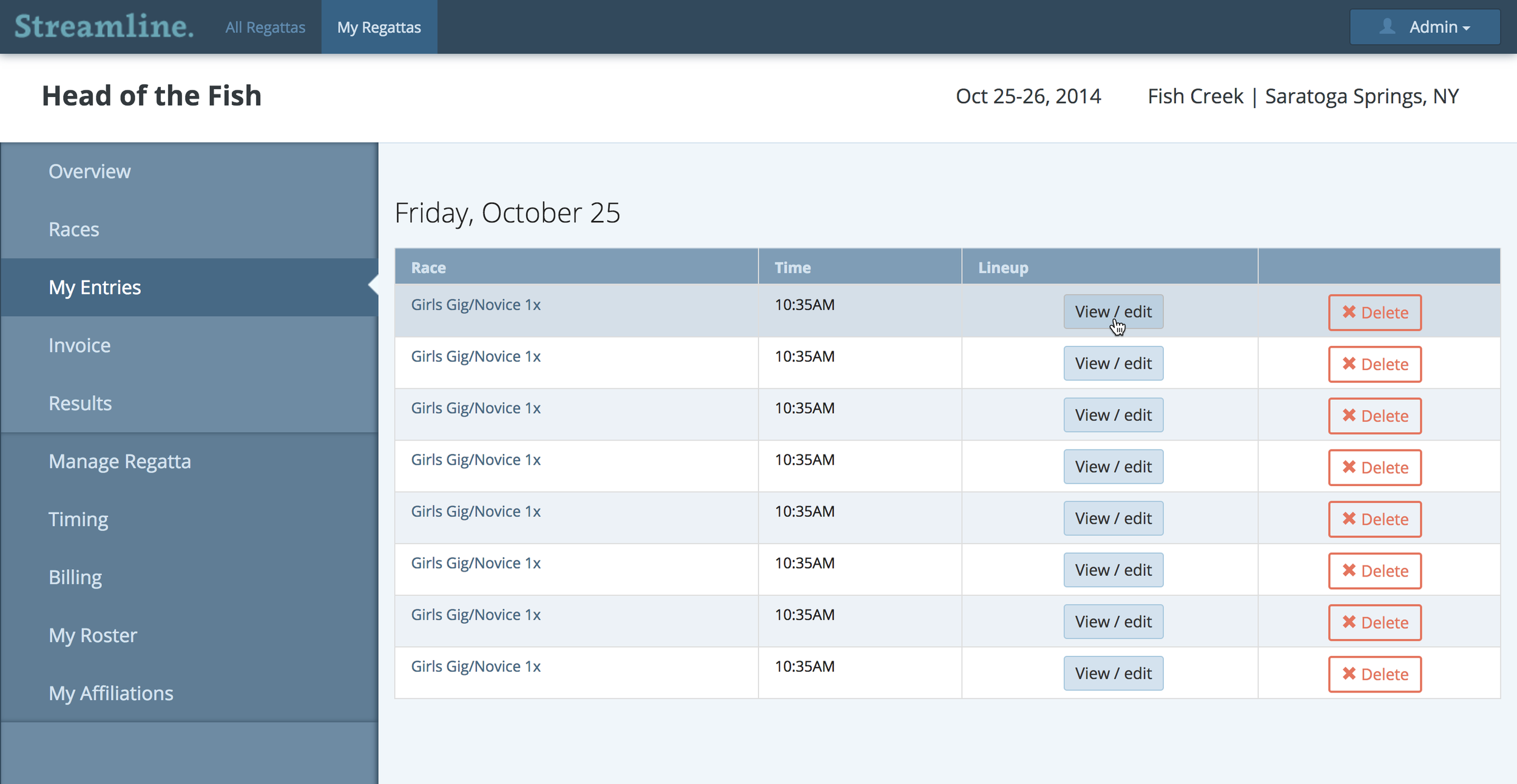 Regatta entries view