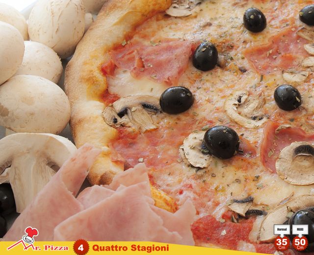 #4 - 4 Stagioni tomate . mozzarella . fiambre . cogumelos frescos . azeitonas . oregãos