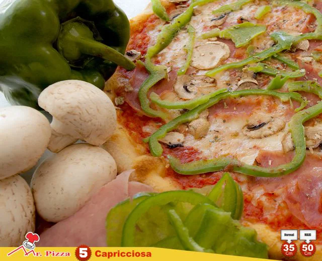 #5 - Capricciosa tomate . mozzarella . fiambre . cogumelos frescos . pimento . oregãos
