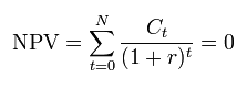 Where, t = time, C = cash flow, r = internal rate of return, and NPV = net present value.