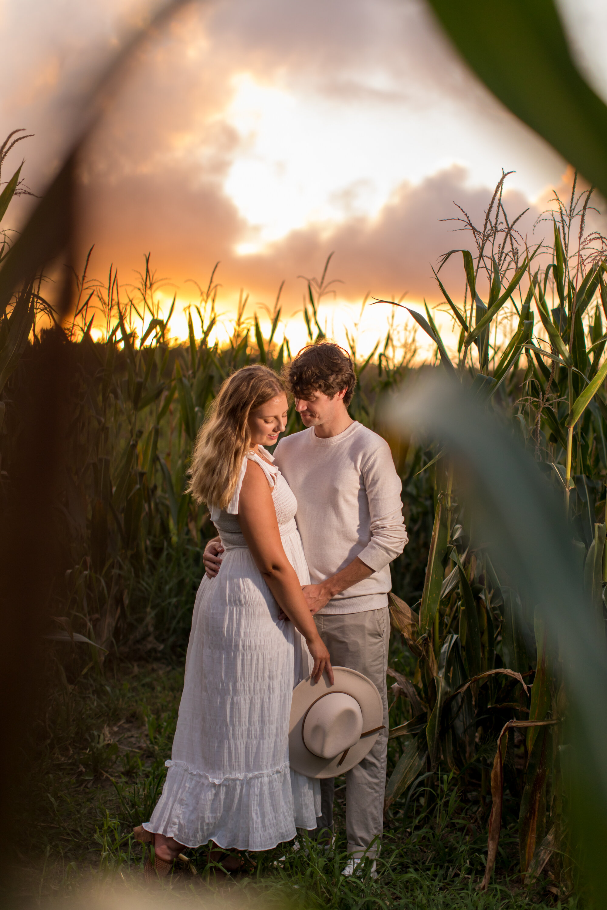 Photo of a young couple holding each other at sunset through the corn fields at Windmill Creek Vineyard during their engagement shoot taken by wedding photographers in Baltimore ARWhite Photogr (Copy)