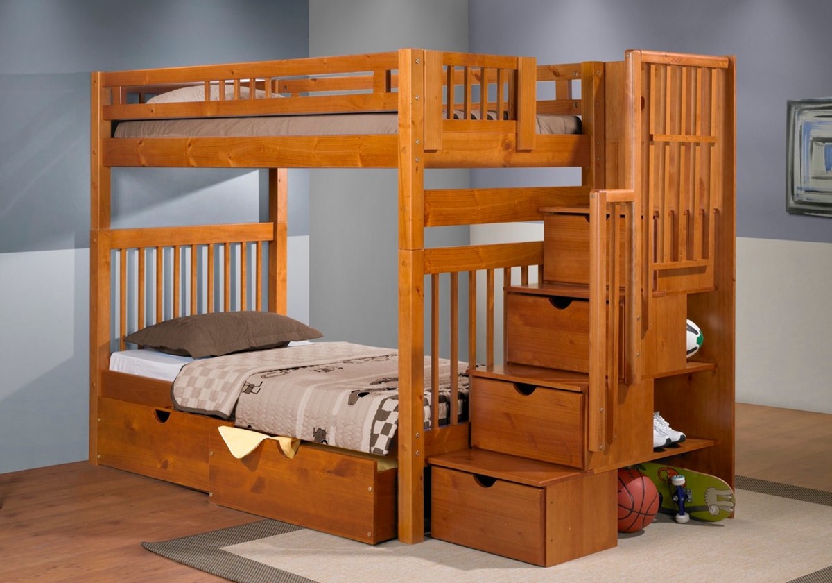 Solid Wood Bunk Bed With Staircase, Natural Wood Bunk Beds