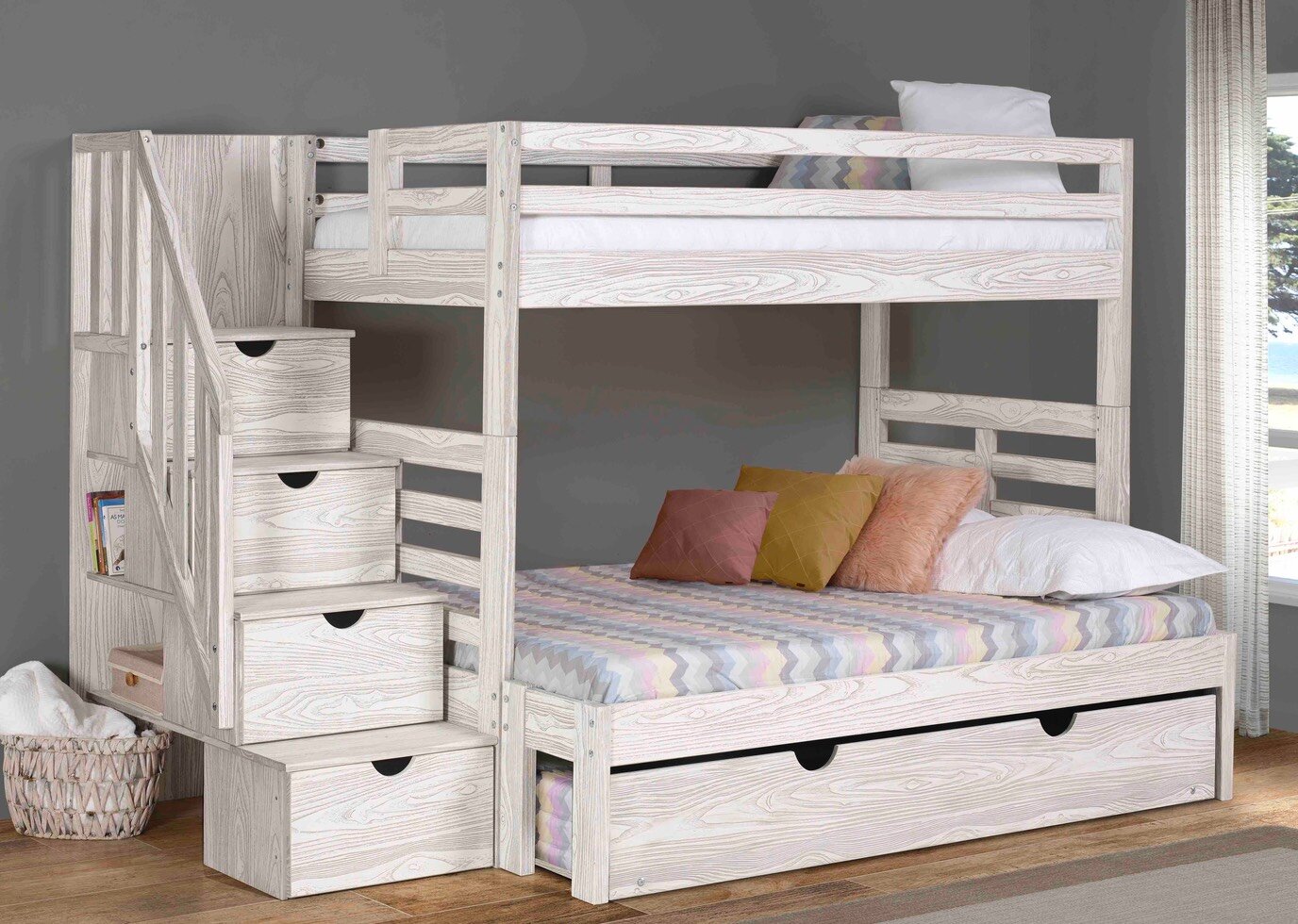 wooden bunk beds with mattresses