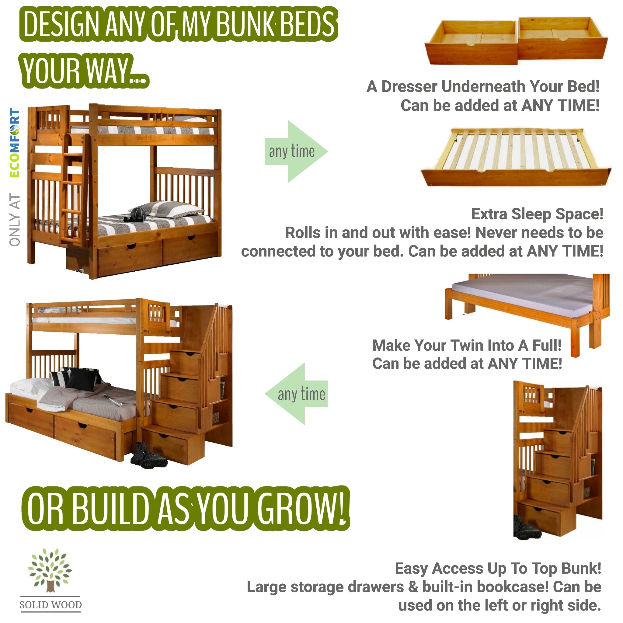 Bedmanchester Full Over Bunk Bed, Solid Wood Full Over Full Bunk Beds