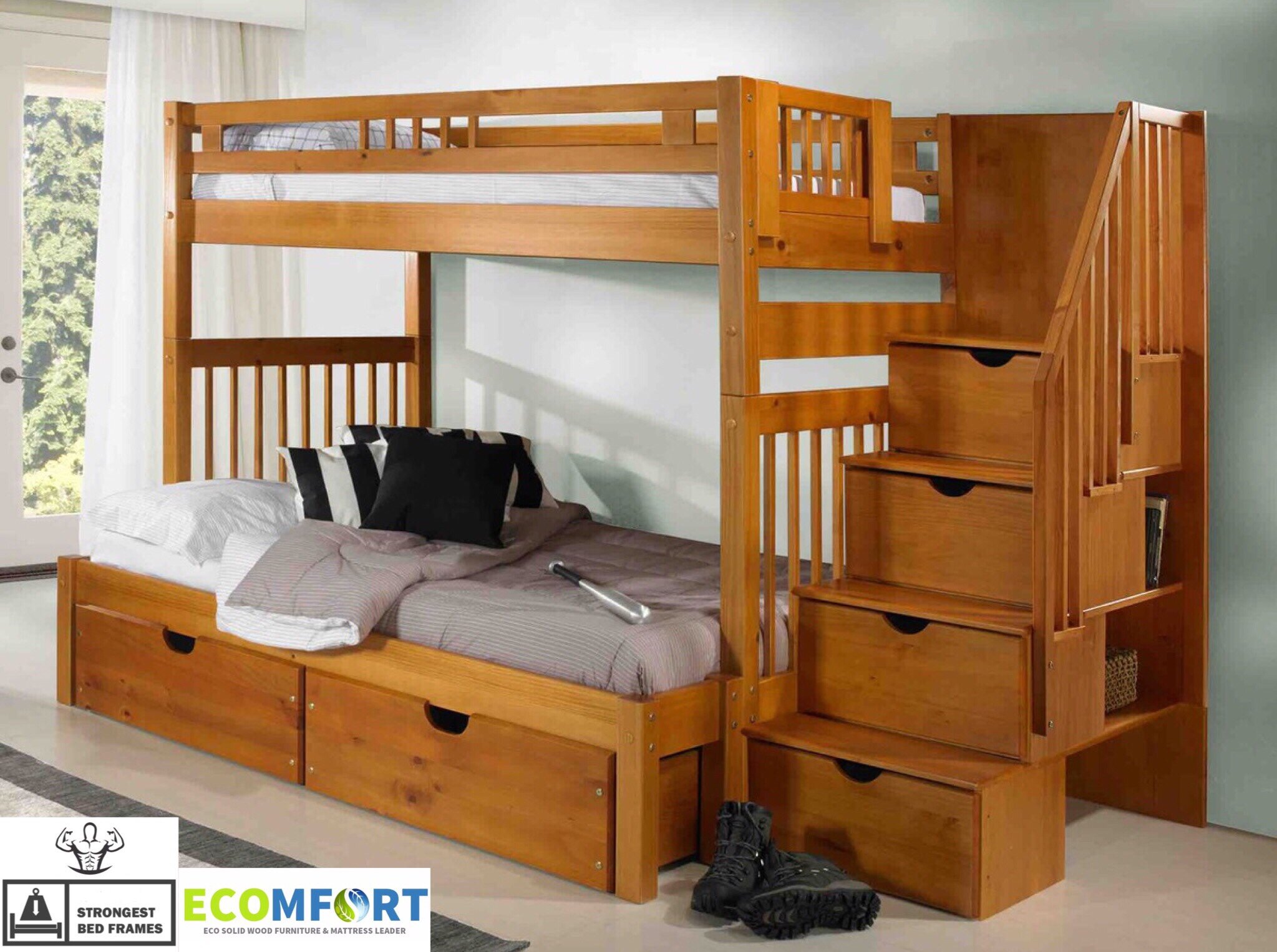 wooden bunk beds with mattresses
