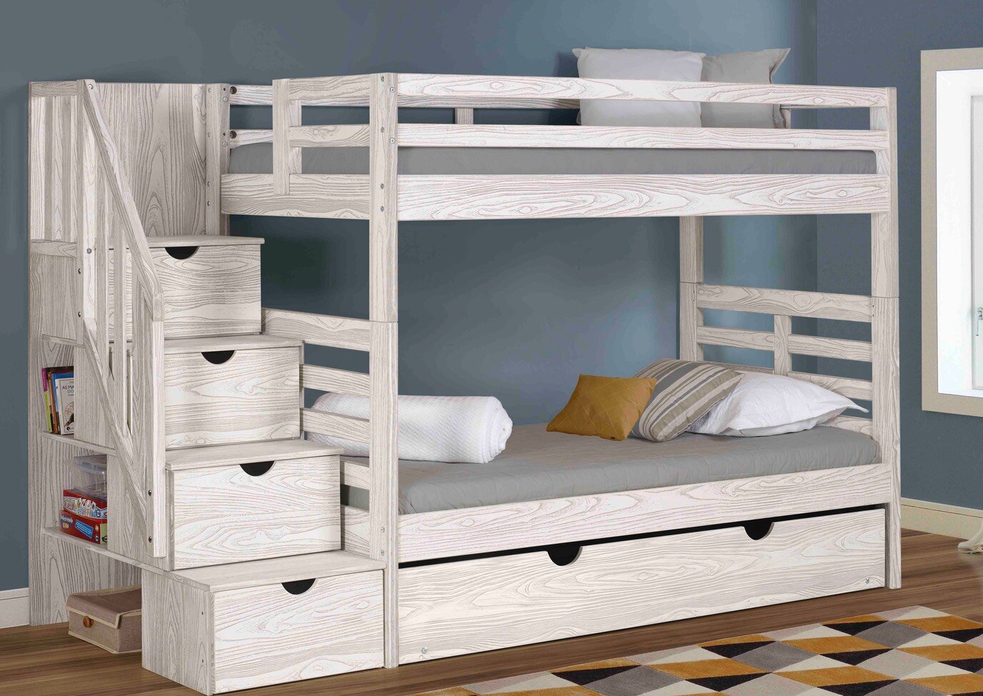 Solid Wood Bunk Bed With Staircase, Shyann Twin Over Full Bunk Bed With Trundle