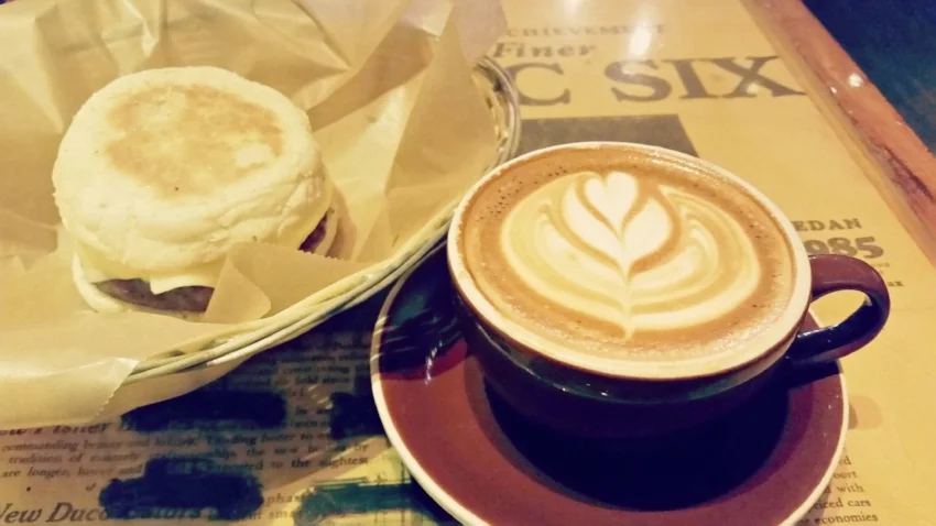 Latte + Egg & Sausage Sandwich from Thinking Cup