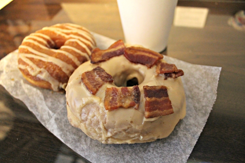The Pumpkin Glazed Donut + Maple Bacon Donut from Union Square Donuts