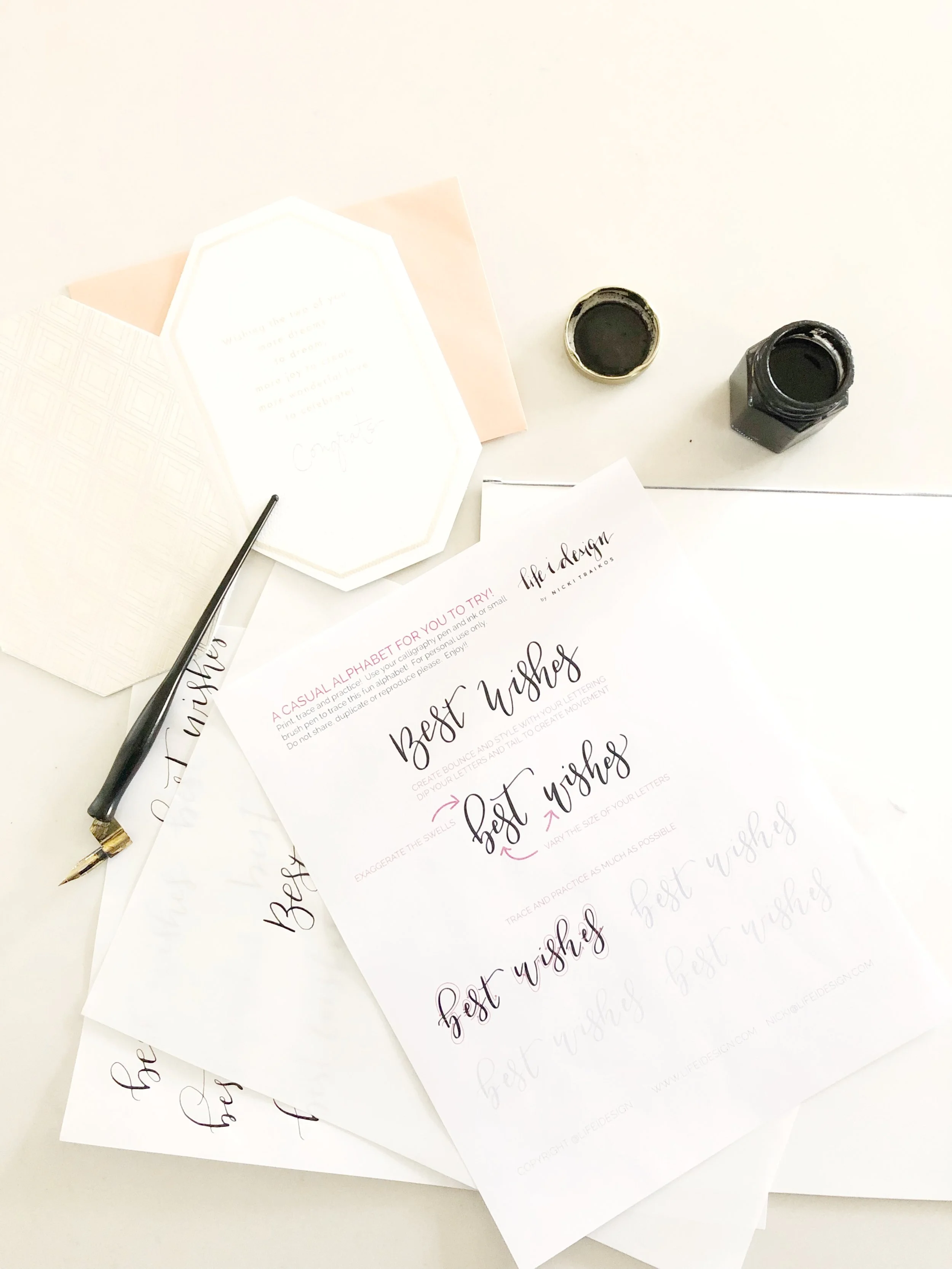 Download, print and practice calligraphy using a small brush pen or dip pen and ink!