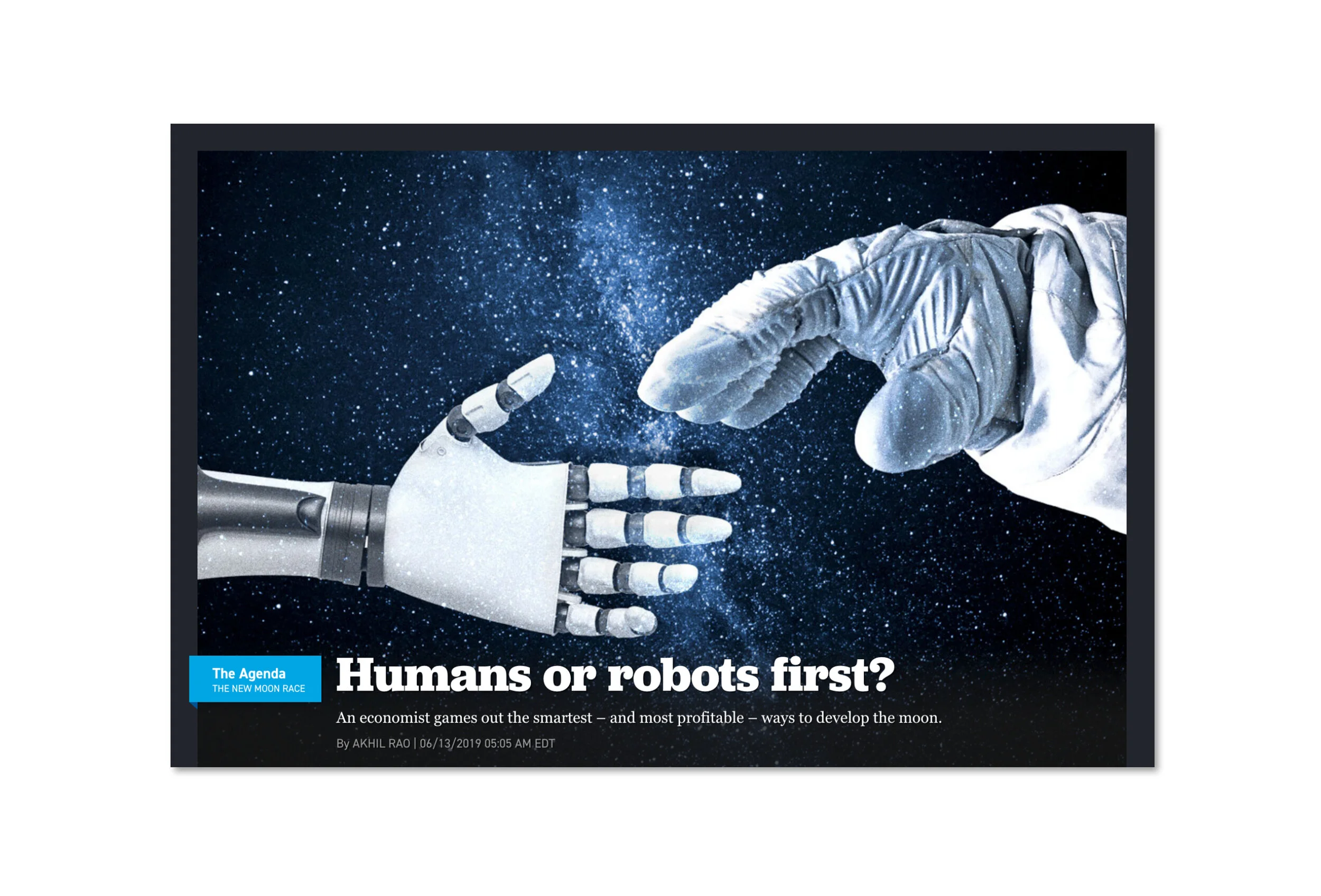 Photo illustration for story about the value of sending humans to do space exploration in Politico's online policy magazine, The Agenda.