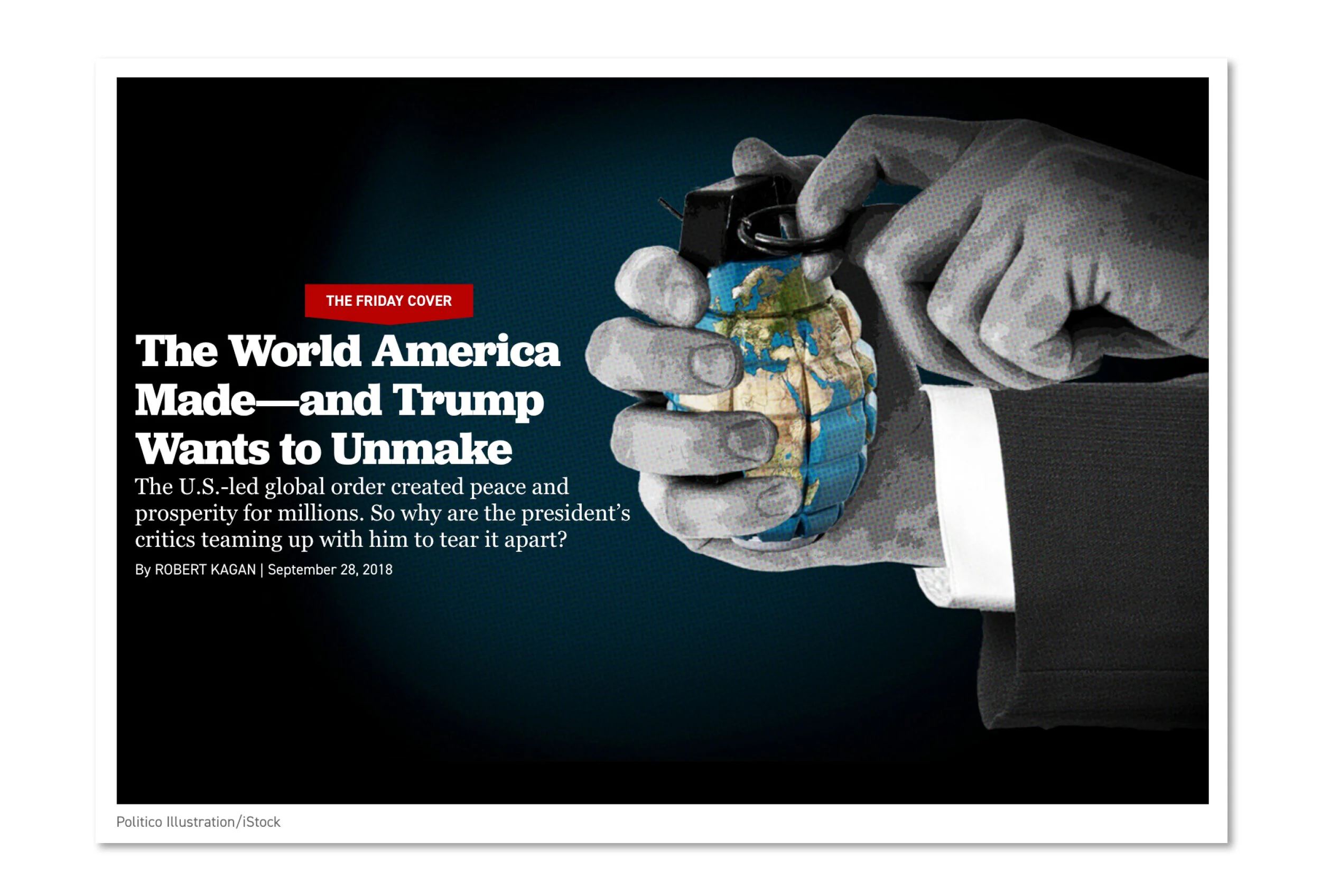 Photo illustration for a story about Trump as a disruptor of global cooperation.