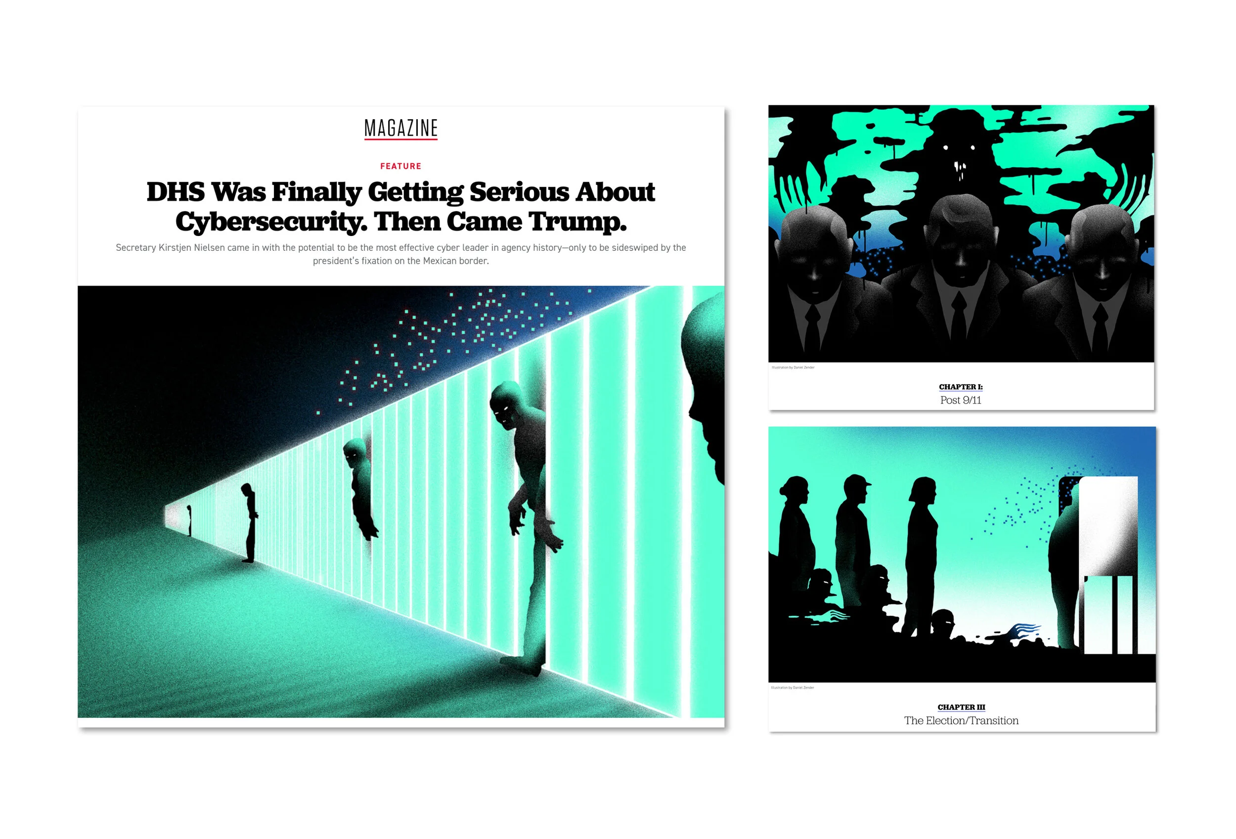 Design and art direction for Politico online magazine story about DHS's role in cybersecurity.
