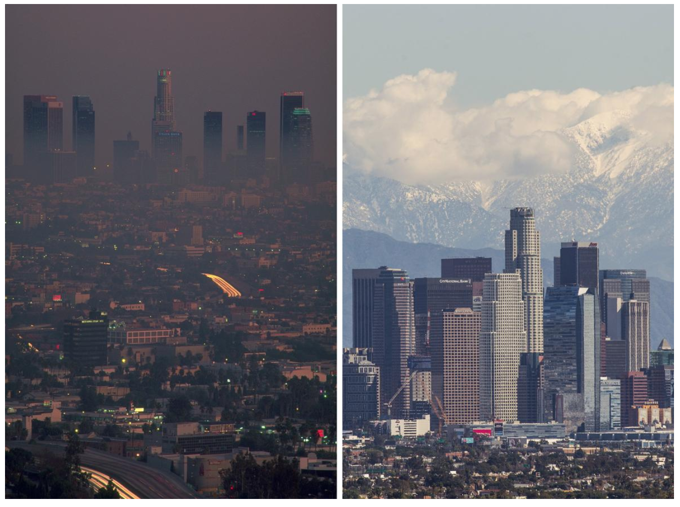Left: A smoggy haze lingers over the L.A. skyline in the 1980s. Right: The city's air is clear after a winter storm in March, 2015. As Smog Thins in L.A., Dramatic Evidence of Kids' Healthier Lungs National Geographic PHOTOGRAPHS BY PHILIP JAMES CORWIN, CORBIS (LEFT) AND RINGO CHIU, ZUMA WIRE/CORBIS (RIGHT)