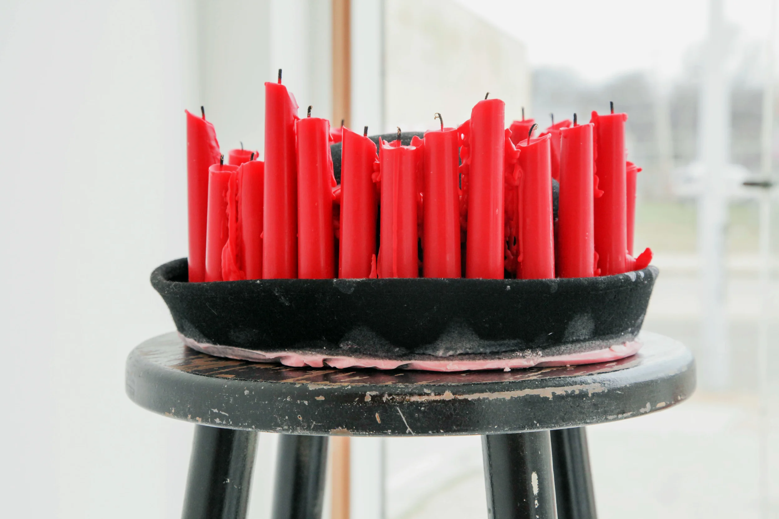 For Painting in the Dark on my 30th Birthday / 11" x 11" x 6" / Felt hat, candles, and soy wax / 2016