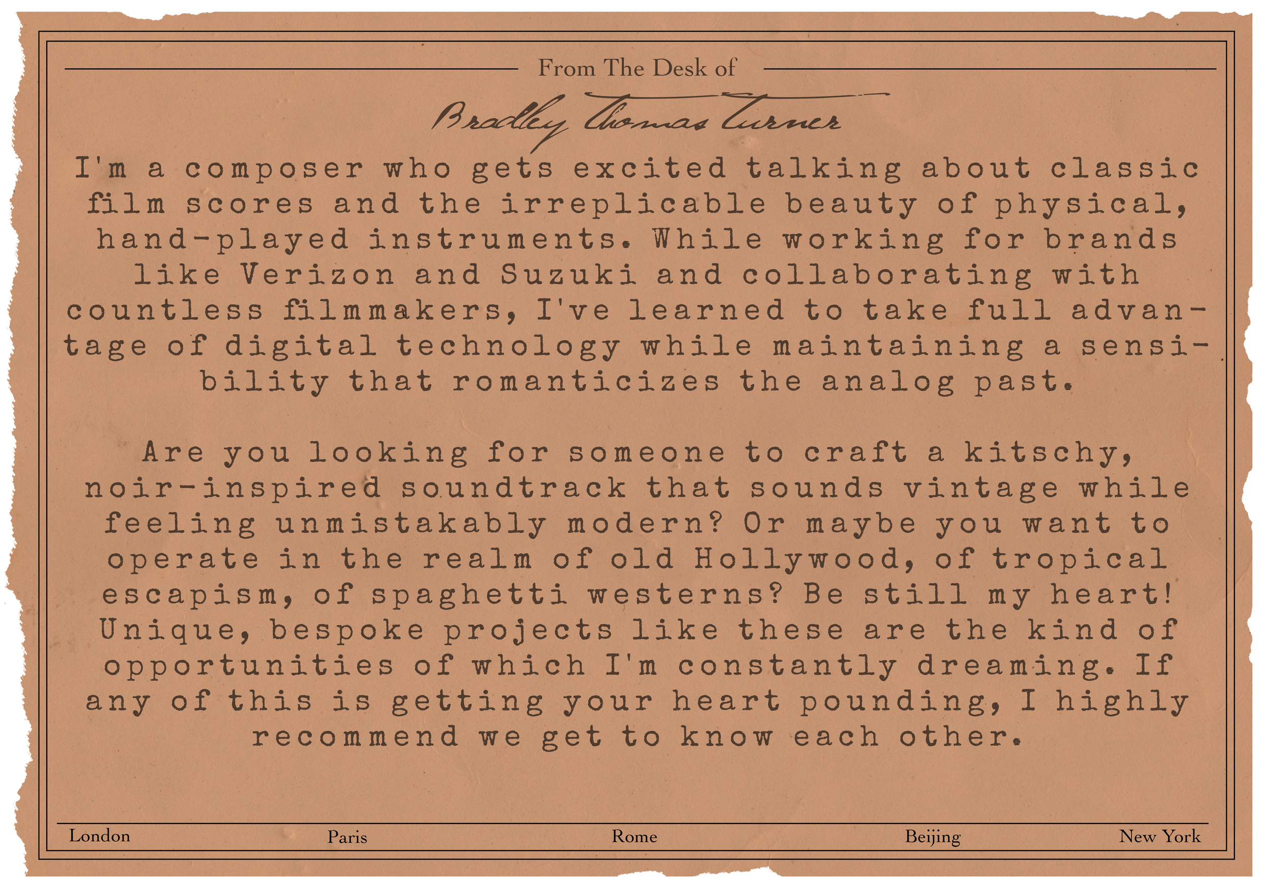 A postcard that introduces the composer, Bradley Thomas Turner.