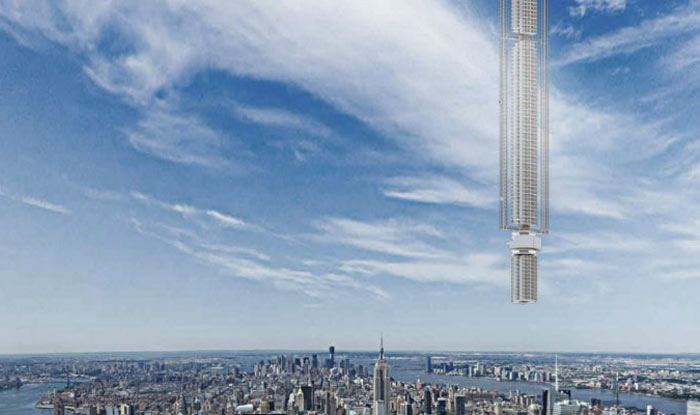  Rendering of Analemma Tower suspended from an asteroid moving over New York City.