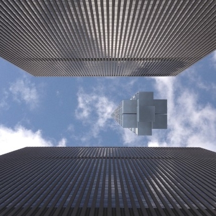 View from New York skyscrapers looking up at Analemma Tower.
