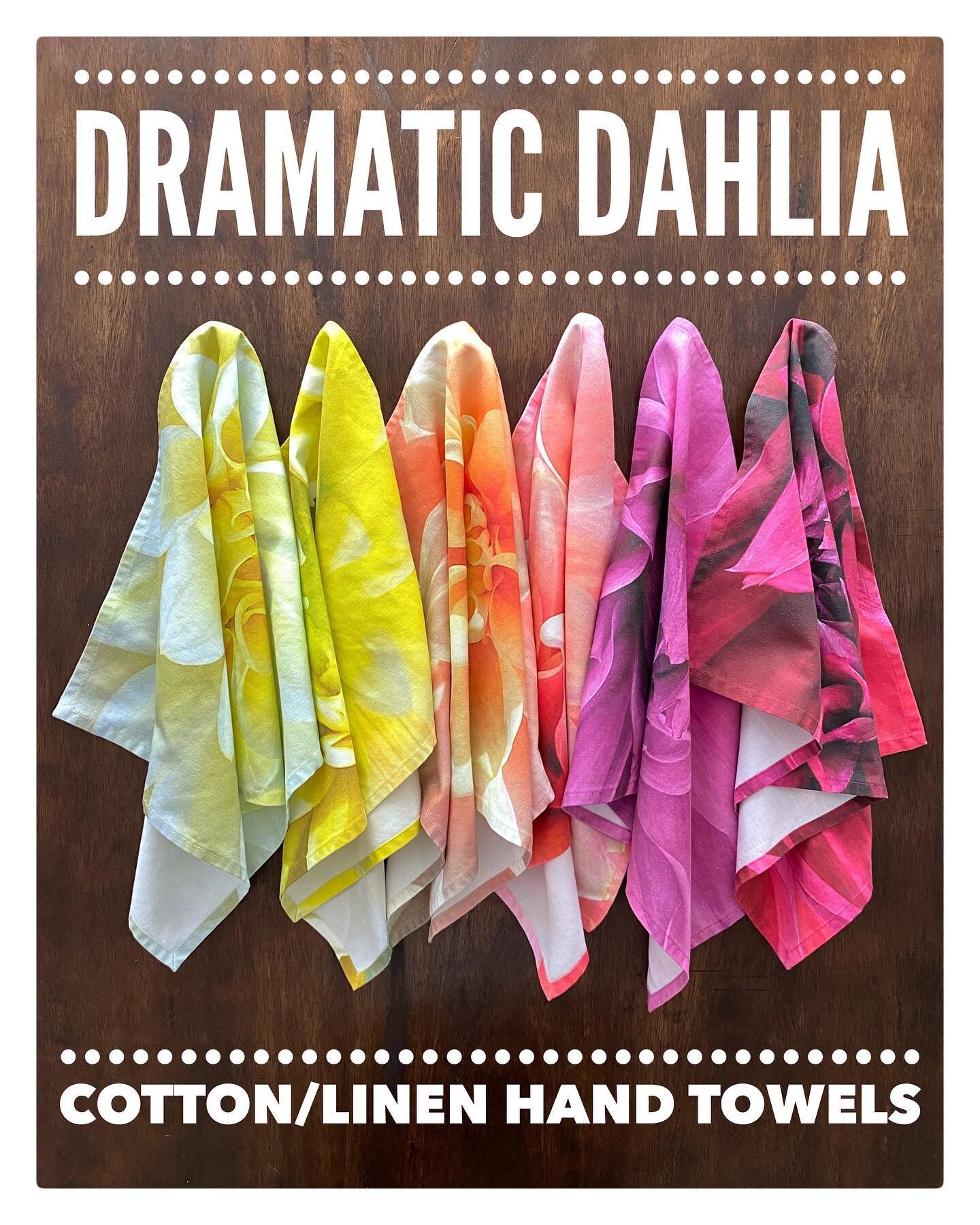 PRODUCT SPOTLIGHT

Dramatic Dahlia Hand Towels

I photographed dahlias from my garden and had them digitally printed on crisp, natural white cotton/linen canvas. The results are almost like watercolor paintings. With the durability of linen and the s