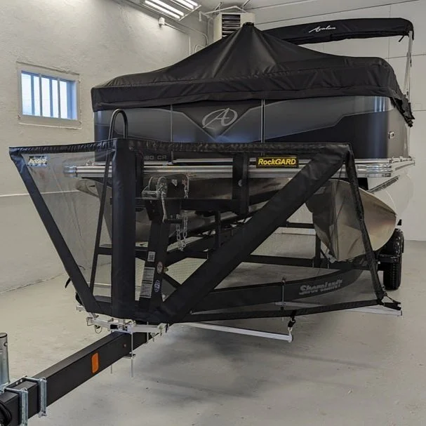 pontoon RockGARD attached to a grey avalon pontoon boat trailer